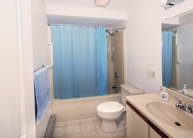 full bath featuring vanity, shower / bath combination with curtain, toilet, and tile patterned floors