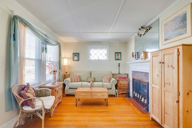 living room with ornamental molding, a healthy amount of sunlight, and light hardwood / wood-style flooring