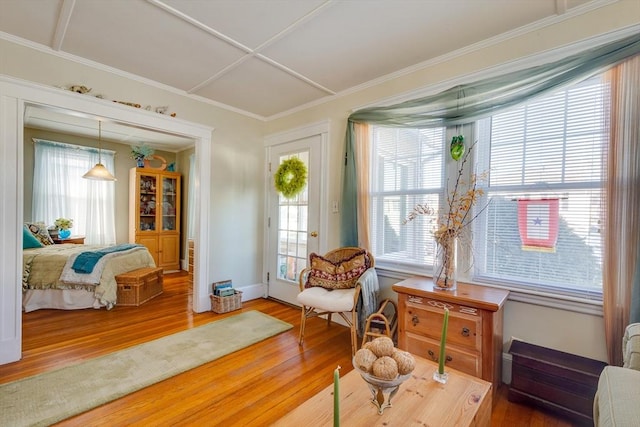 sitting room featuring ornamental molding and hardwood / wood-style floors