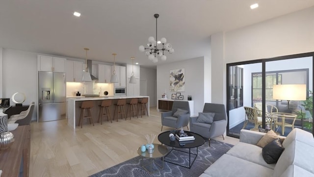 1 Marion St Unit Ph1, Cambridge, MA 02141 - living area with light wood-type flooring, a chandelier, and recessed lighting