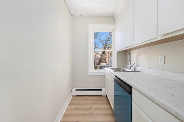 kitchen featuring a baseboard radiator, light wood-style flooring, a sink, white cabinetry, and dishwasher