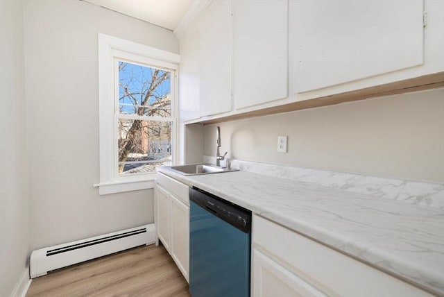 kitchen featuring light wood-style flooring, a sink, white cabinetry, baseboard heating, and dishwasher