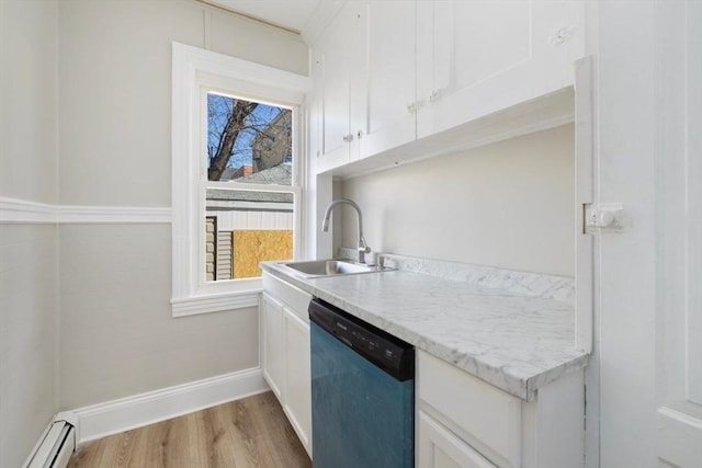 kitchen with wood finished floors, a sink, white cabinets, baseboard heating, and dishwasher