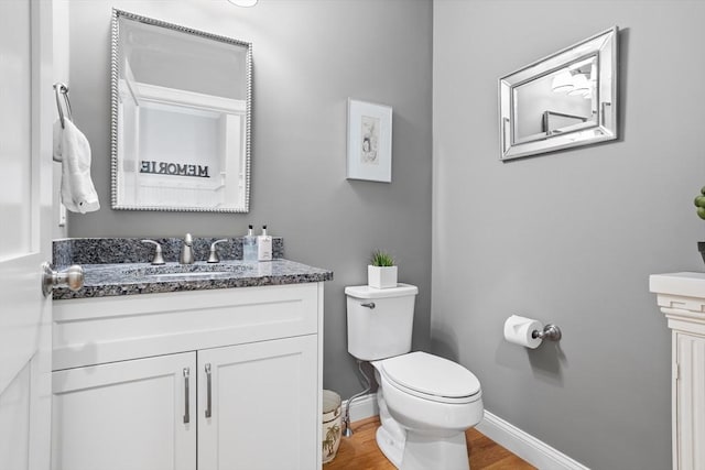 bathroom with toilet, vanity, baseboards, and wood finished floors