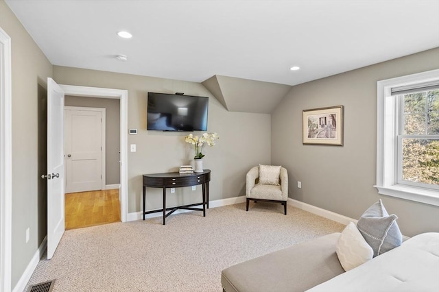 sitting room with recessed lighting, visible vents, baseboards, and carpet