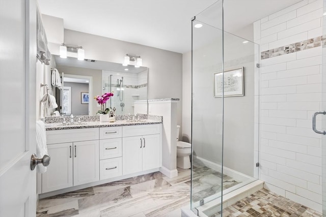 full bathroom featuring a sink, toilet, double vanity, and a shower stall