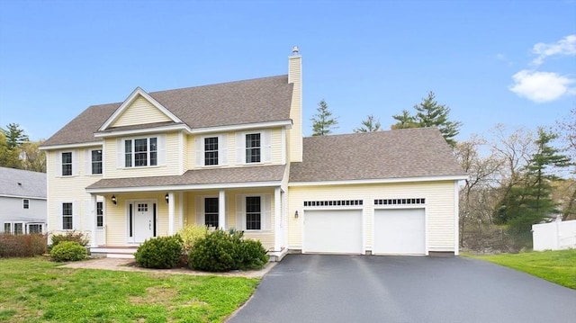 view of front of house with an attached garage, a chimney, aphalt driveway, a front lawn, and a porch