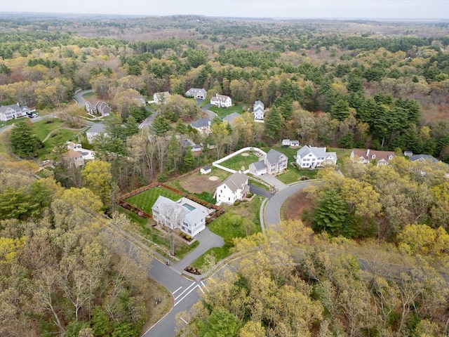 birds eye view of property with a wooded view and a residential view