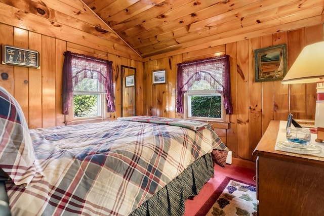 bedroom featuring wood walls, vaulted ceiling, and wood ceiling