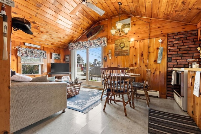 living room featuring plenty of natural light, wood walls, and lofted ceiling