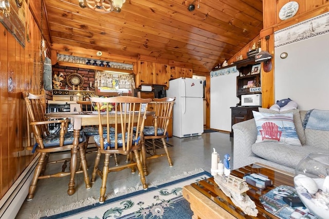 dining room featuring wooden ceiling, baseboard heating, and lofted ceiling