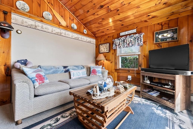 living area with wood walls, wood ceiling, and lofted ceiling