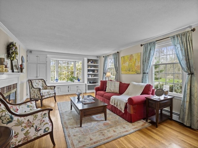 living room with ornamental molding, a textured ceiling, light wood finished floors, and a glass covered fireplace