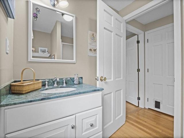 bathroom featuring vanity and wood finished floors