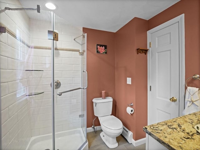 bathroom featuring toilet, baseboards, baseboard heating, tile patterned floors, and a stall shower