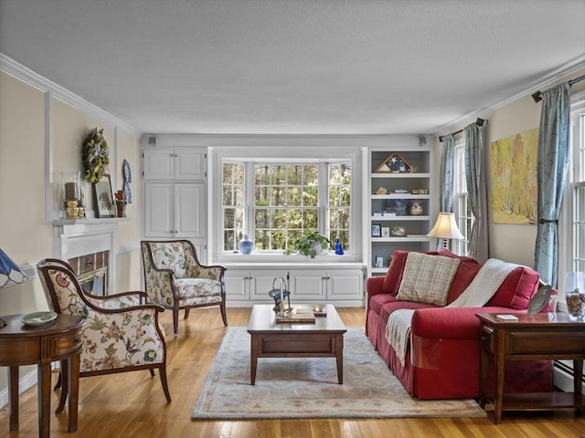living area with a textured ceiling, ornamental molding, and wood finished floors