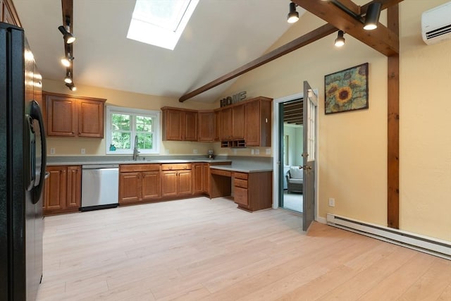 300 Henshaw St, Leicester, MA 01524 - kitchen with dishwasher, freestanding refrigerator, a wall unit AC, rail lighting, and vaulted ceiling