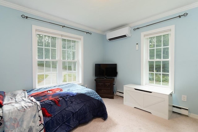 300 Henshaw St, Leicester, MA 01524 - bedroom with an AC wall unit, ornamental molding, a baseboard radiator, and light carpet