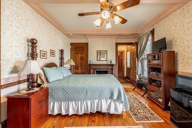 26 S Main St, Belchertown, MA 01007 - bedroom with wallpapered walls, a fireplace, wood-type flooring, and ornamental molding