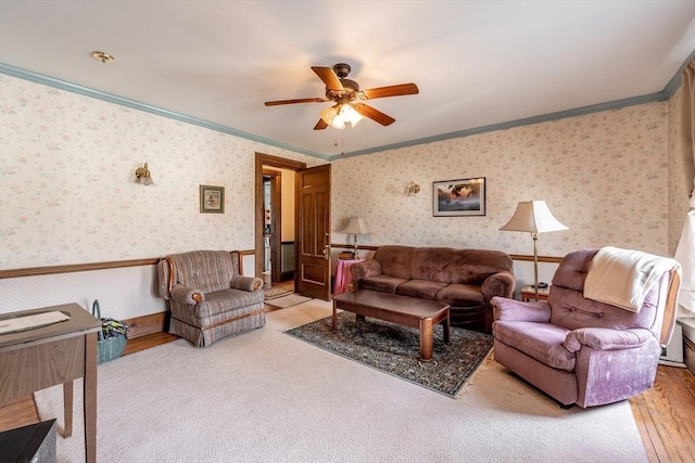 26 S Main St, Belchertown, MA 01007 - living room featuring crown molding, a ceiling fan, wood finished floors, and wallpapered walls