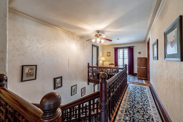 26 S Main St, Belchertown, MA 01007 - hallway featuring crown molding, wood finished floors, an upstairs landing, wallpapered walls, and baseboards