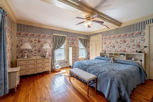 26 S Main St, Belchertown, MA 01007 - bedroom featuring ornamental molding, a ceiling fan, wood-type flooring, and wallpapered walls