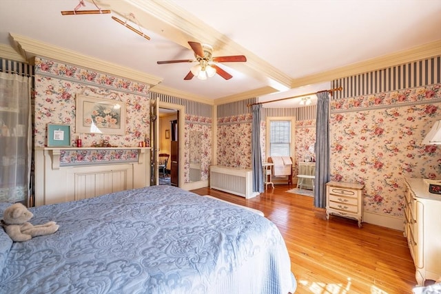 26 S Main St, Belchertown, MA 01007 - bedroom featuring light wood-style floors, radiator heating unit, ornamental molding, wallpapered walls, and beam ceiling