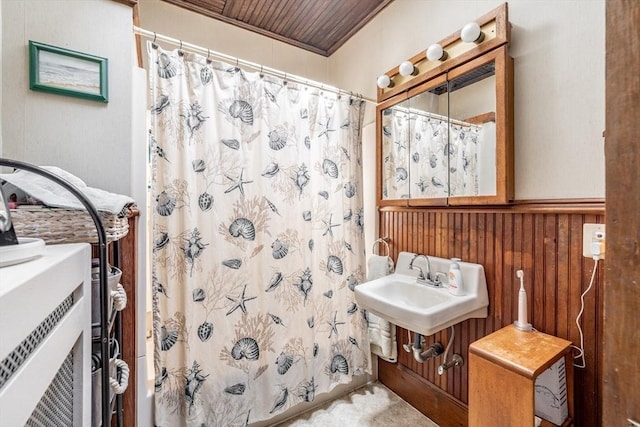 26 S Main St, Belchertown, MA 01007 - bathroom featuring a sink, a shower with shower curtain, and wooden walls