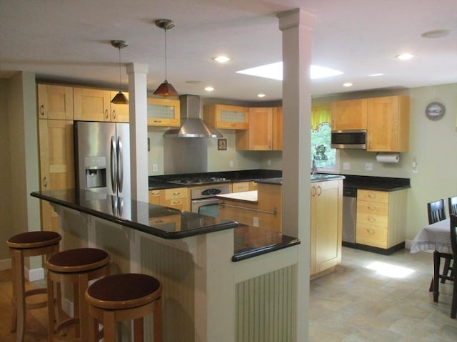 4 Deepwater Ln, Walpole, MA 02091 - kitchen featuring stainless steel appliances, a center island, wall chimney range hood, baseboards, and dark countertops