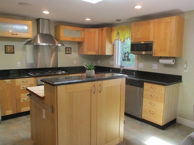 4 Deepwater Ln, Walpole, MA 02091 - kitchen featuring wall chimney exhaust hood, stainless steel appliances, a center island, light brown cabinetry, and recessed lighting