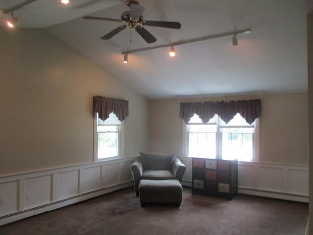 4 Deepwater Ln, Walpole, MA 02091 - sitting room featuring rail lighting, baseboard heating, a baseboard heating unit, a decorative wall, and vaulted ceiling