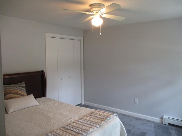 4 Deepwater Ln, Walpole, MA 02091 - carpeted bedroom featuring a baseboard radiator, a closet, baseboards, and a ceiling fan