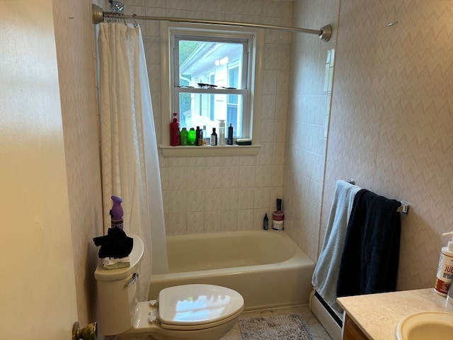 full bathroom with shower / bath combination with curtain, a baseboard radiator, toilet, and vanity