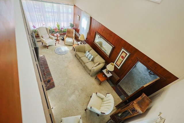 living room featuring wooden walls and carpet floors