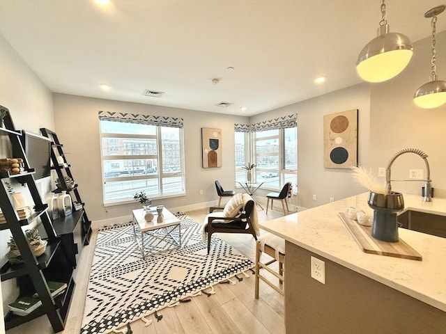 living area featuring sink and light wood-type flooring