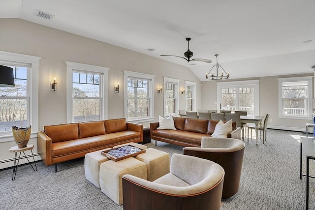 carpeted living area featuring vaulted ceiling, a wealth of natural light, and visible vents