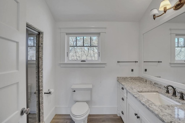 full bathroom with toilet, wood finished floors, vanity, and baseboards