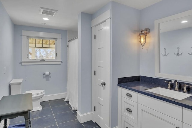 bathroom with visible vents, baseboards, toilet, tile patterned flooring, and vanity