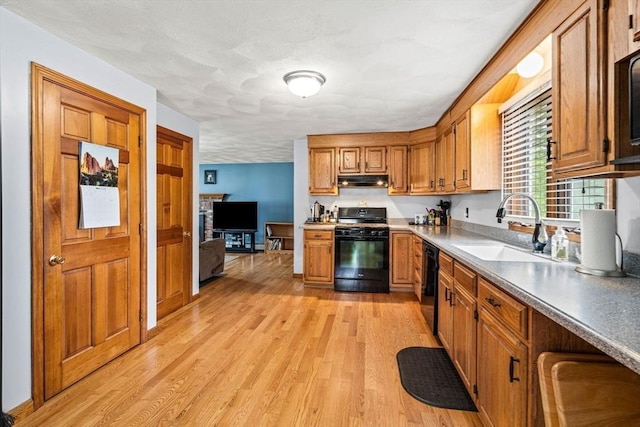 24 Floyd Ave, Tewksbury, MA 01876 - kitchen featuring black appliances, a sink, under cabinet range hood, light wood-type flooring, and brown cabinets