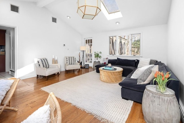 living room featuring visible vents, wood-type flooring, beamed ceiling, and a skylight