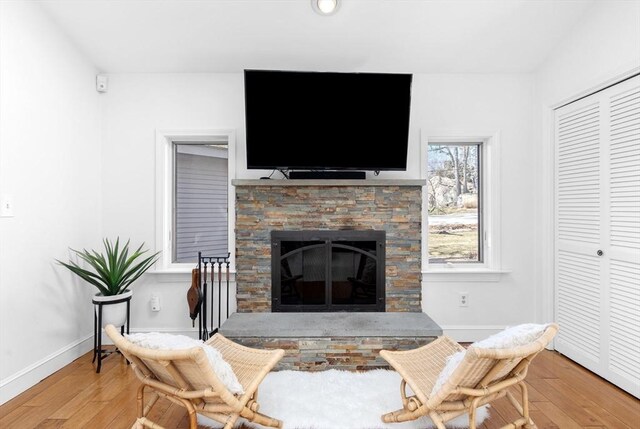 interior space featuring a fireplace, baseboards, and wood-type flooring