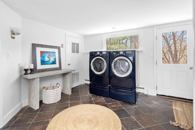 laundry area featuring washing machine and clothes dryer, visible vents, baseboards, laundry area, and a baseboard radiator