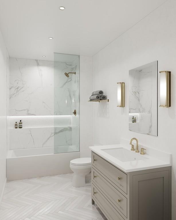 full bathroom with toilet, tiled shower / bath combo, parquet floors, and vanity