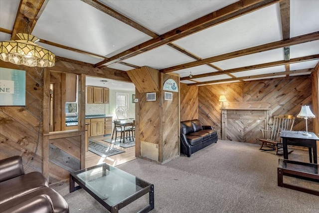 carpeted living room featuring beamed ceiling and coffered ceiling