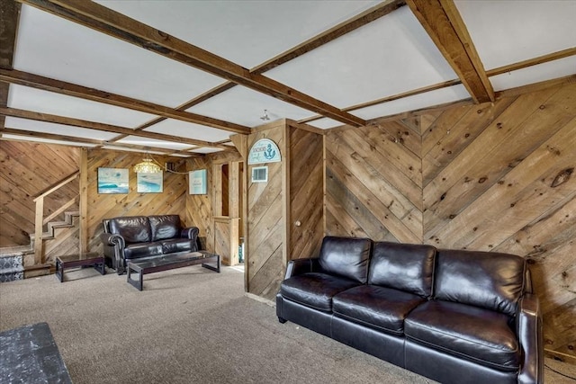 unfurnished living room with beamed ceiling, carpet, and coffered ceiling