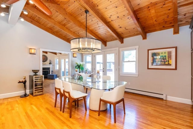 115 Lincoln Rd, Walpole, MA 02081 - dining space with wood ceiling, a baseboard radiator, baseboards, and light wood finished floors