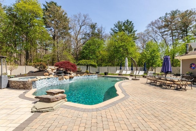 115 Lincoln Rd, Walpole, MA 02081 - view of swimming pool featuring a fenced in pool, a fenced backyard, an in ground hot tub, and a patio