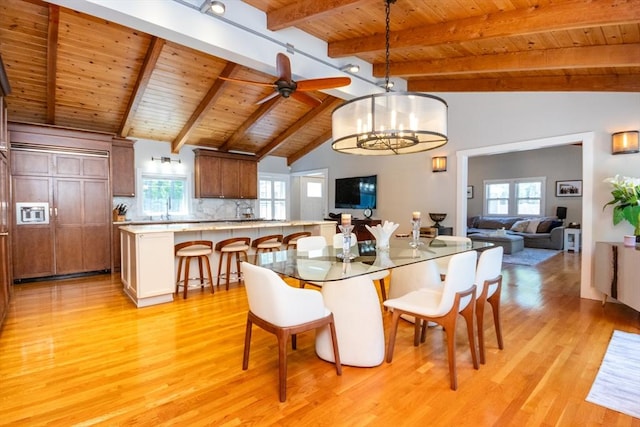 115 Lincoln Rd, Walpole, MA 02081 - dining room with light wood-style floors, wood ceiling, ceiling fan with notable chandelier, and vaulted ceiling with beams