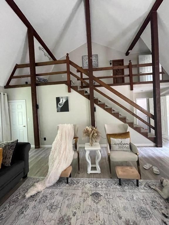 living room featuring hardwood / wood-style flooring and high vaulted ceiling