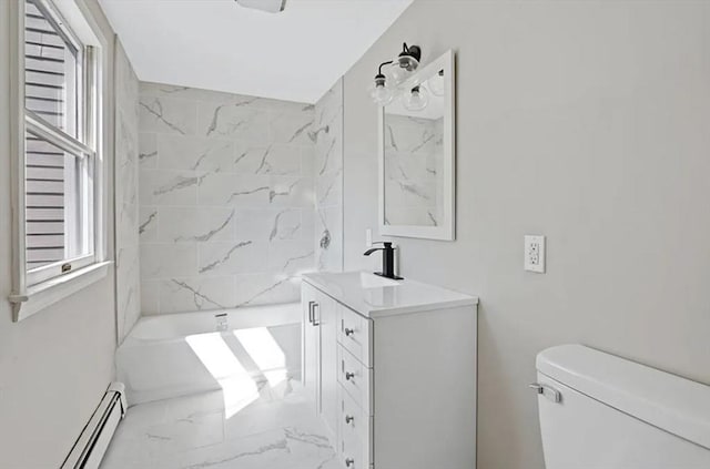 full bathroom featuring vanity, a baseboard heating unit, bathtub / shower combination, and toilet